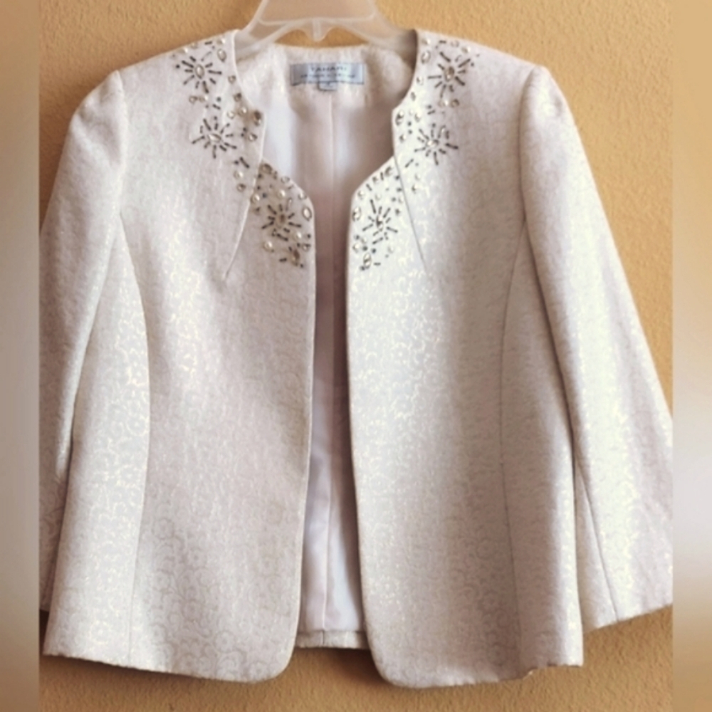 Tahari Cream Embellished Blazer Open Front